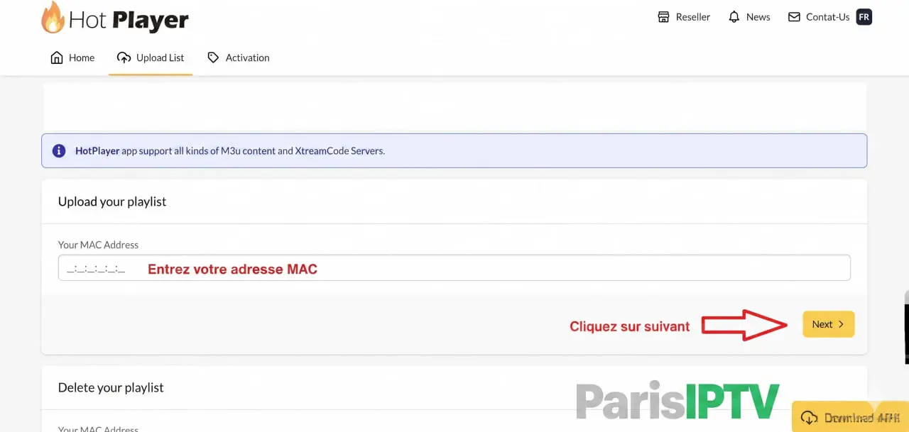 Site web hotplayer.app pour envoyer la playlist