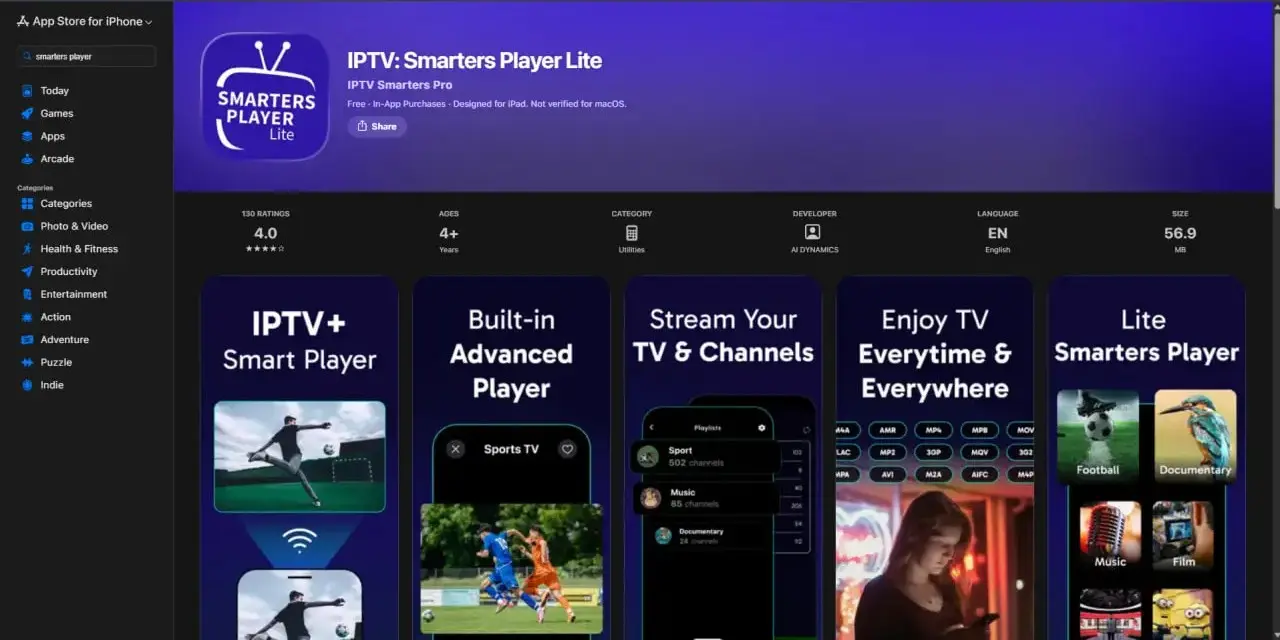 Application IPTV Smarters Player Lite sur l'App Store
