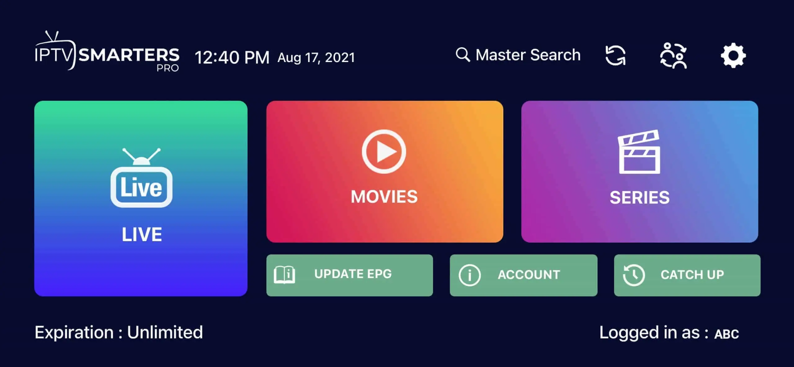 Tableau de bord principal IPTV Smarters avec Live, Movies et Series