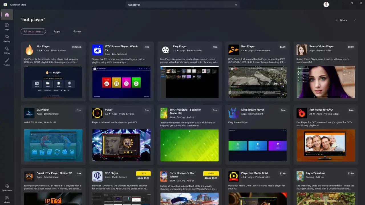 Recherche de l'application Hot Player sur le Microsoft Store
