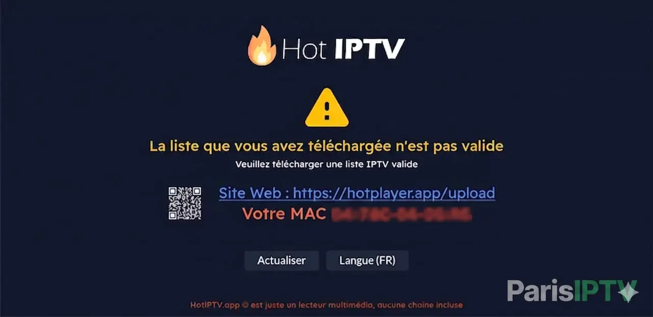 Écran d'accueil Hot IPTV affichant l'adresse MAC