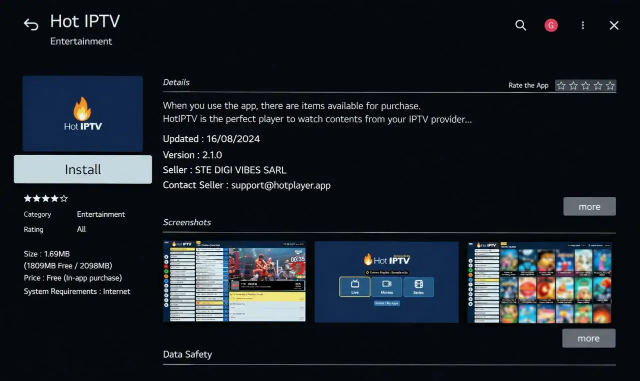 Recherche de l'application Hot IPTV sur le store de la Smart TV