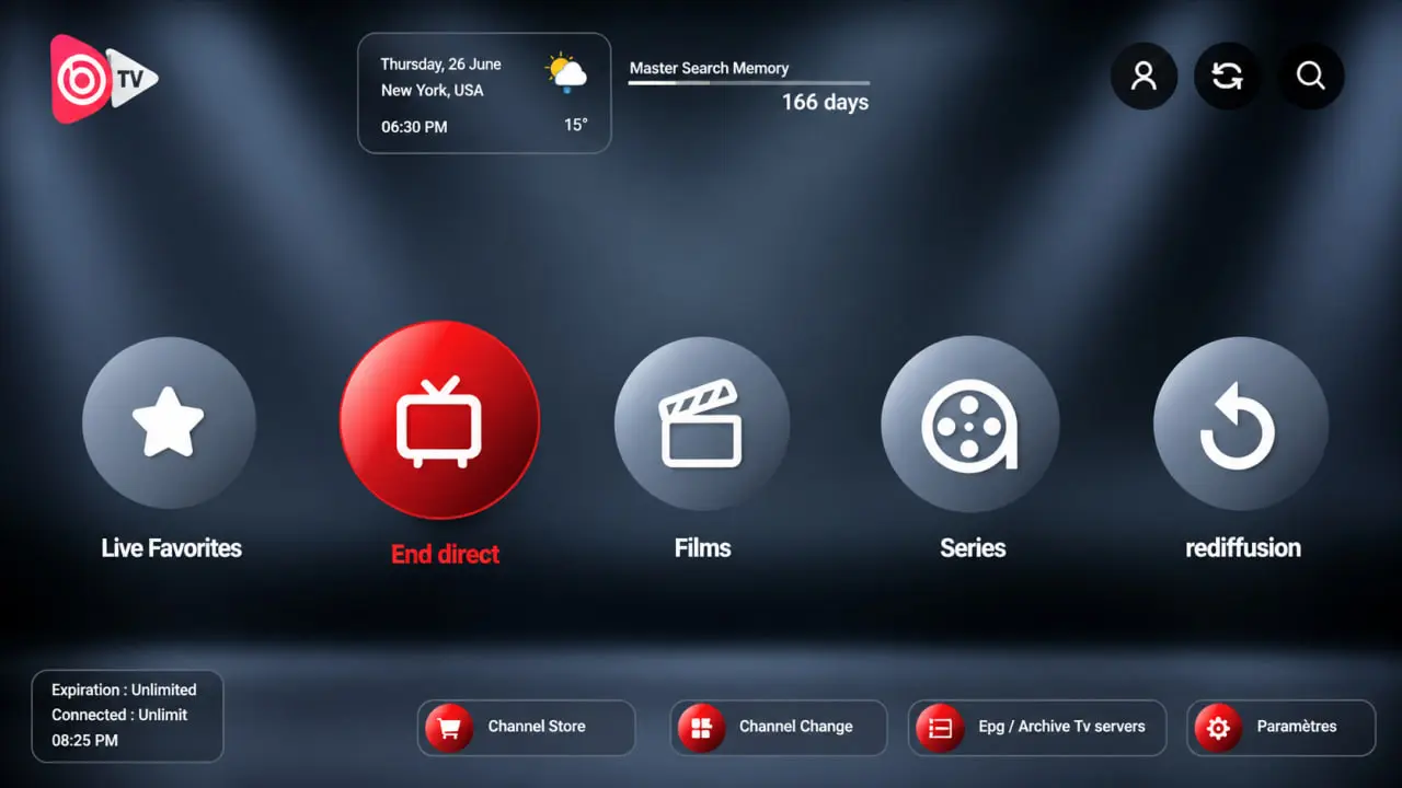 Interface de navigation Live et VOD sur IBO Player