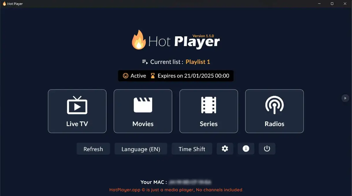 Interface de Hot IPTV avec les chaînes chargées