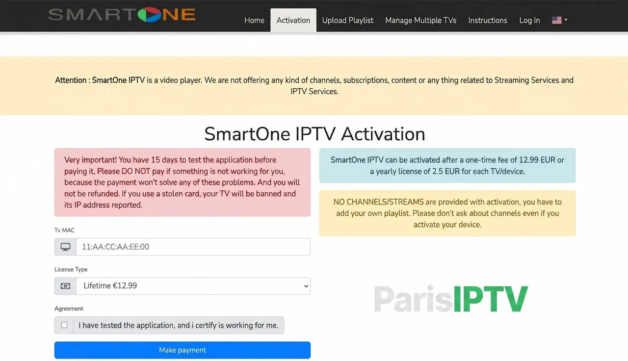 Page d’activation de licence SmartOne IPTV