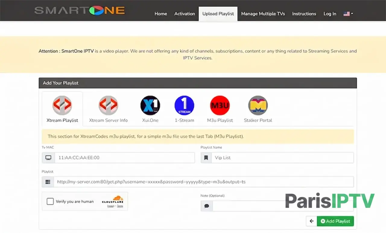 Formulaire M3U pour ajouter une playlist dans SmartOne IPTV