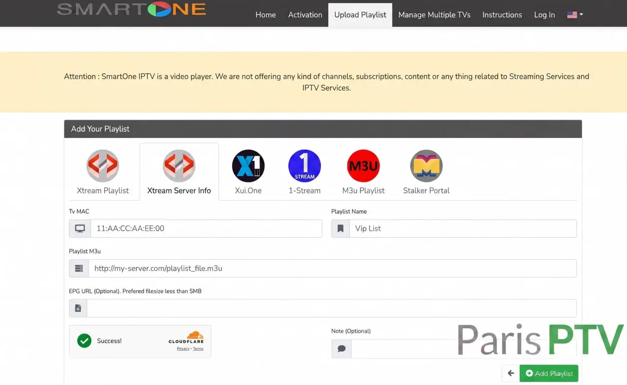 Formulaire Xtream Codes pour configurer SmartOne IPTV