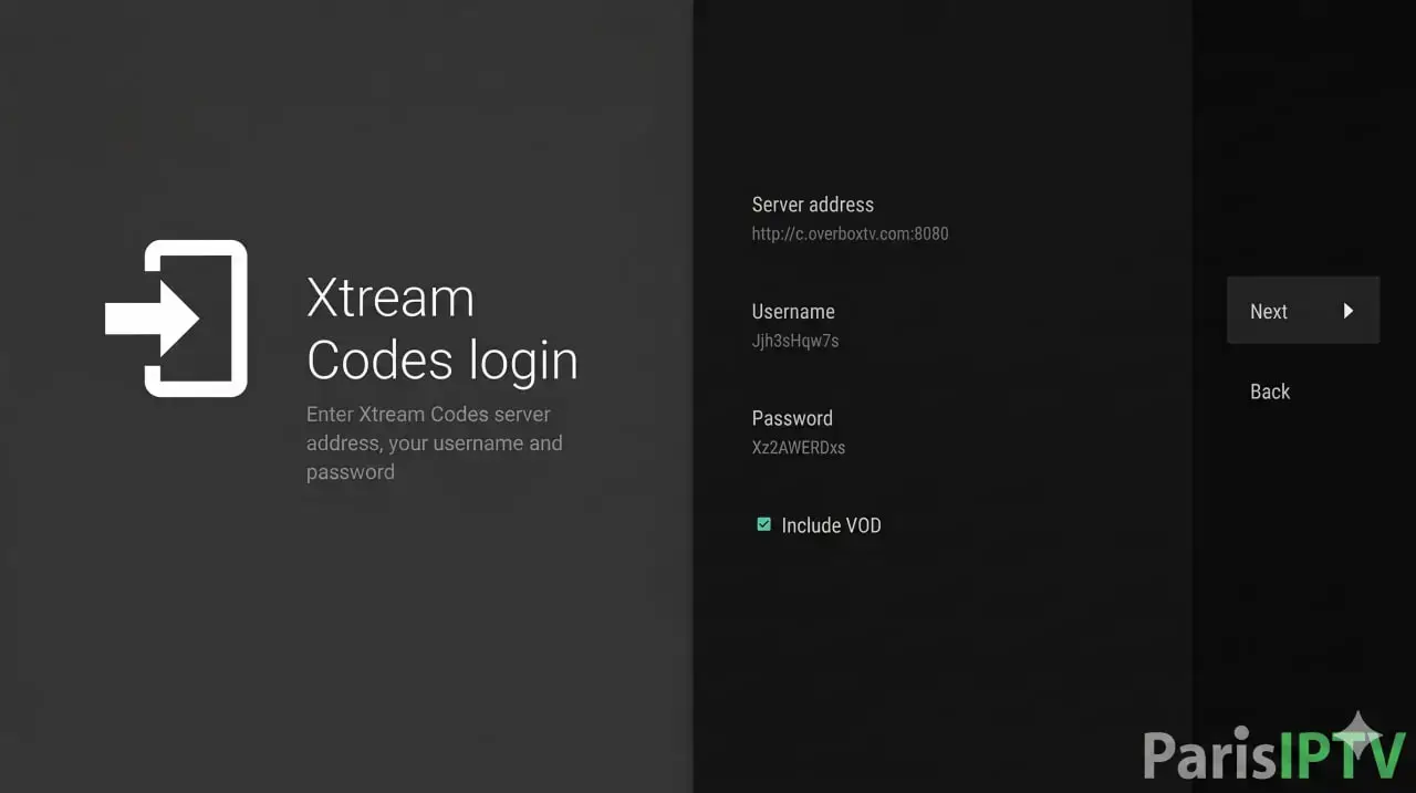 Écran de connexion Xtream Codes sur TiviMate