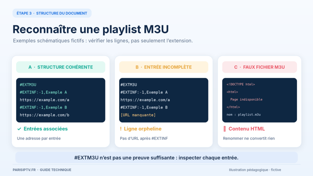 Exemple de syntaxe M3U valide et d’entrée EXTINF incomplète